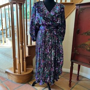 Vintage Susan Freis 80’s Sz S Floral Print Ruffled V Neck Pleated Skirt Dress